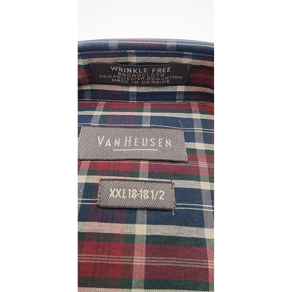 Van Heusen Button Down Shirt Mens XXL Burgundy Plaid New Wrinkle Free Broadcloth - Picture 2 of 4